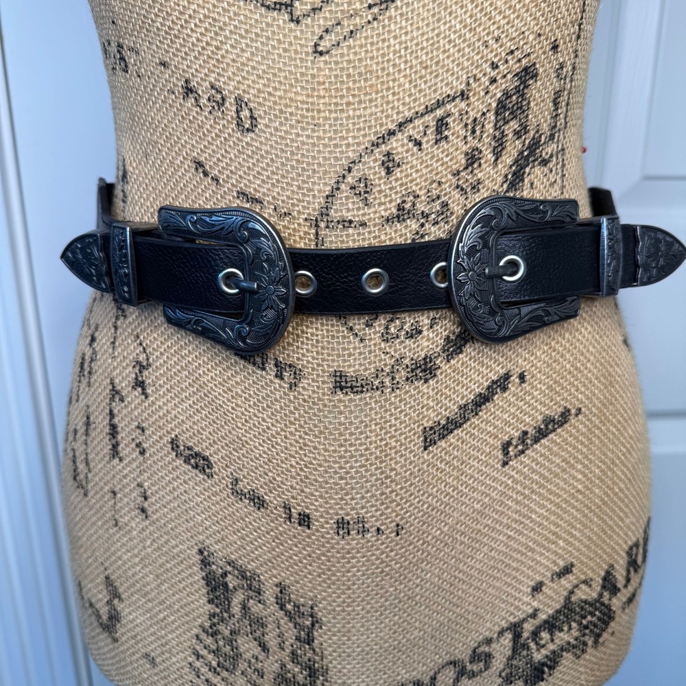 Double Western Buckle Elastic Cinch Belt Black Silver Engraved Floral Boho Sz M